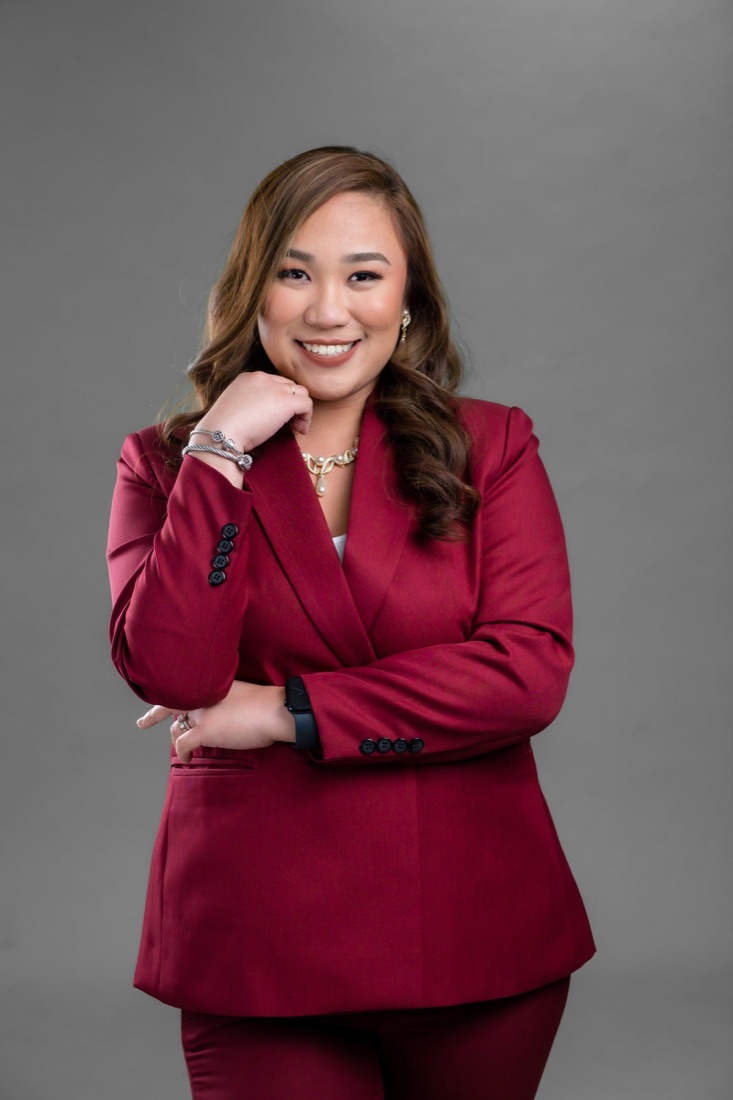 Jhen Flores in a burgundy blazer