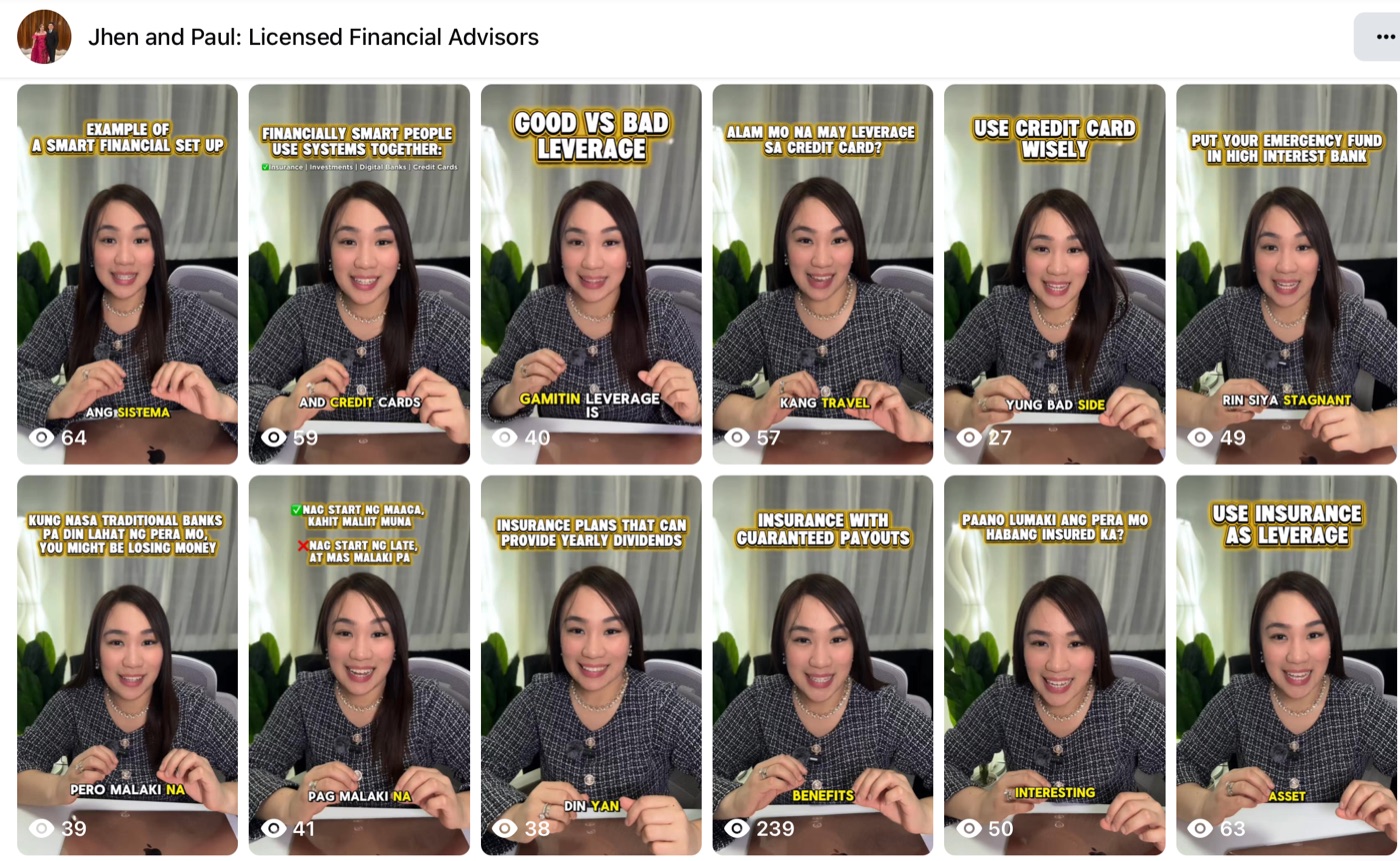 Facebook page Jhen and Paul: Licensed Financial Advisors, a grid of reels