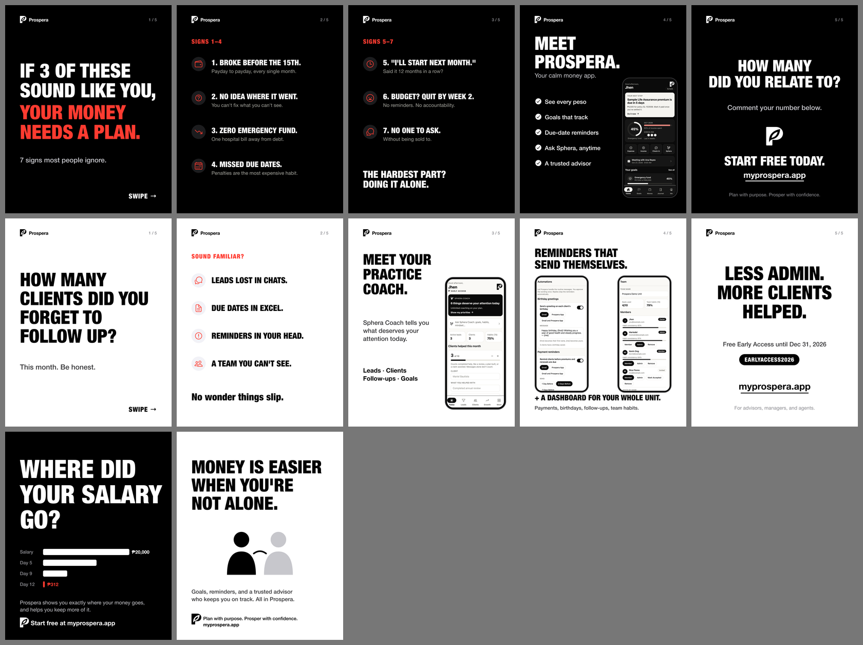 Prospera launch statics: two five-slide carousels and two posters